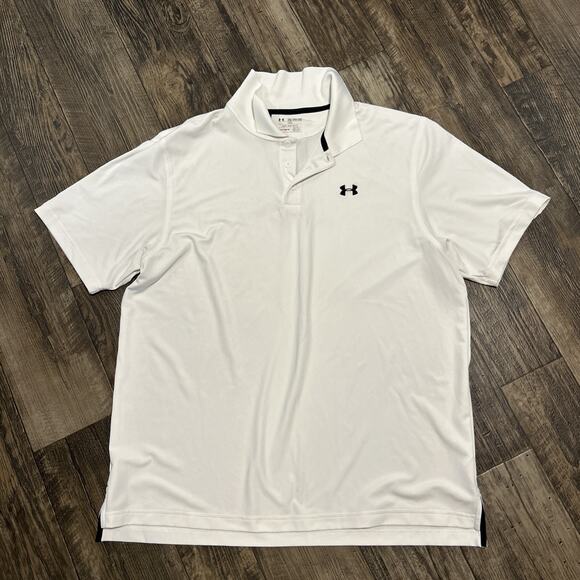 UNDER ARMOUR Polo Golf Shirt Mens 2XL White Loose Fit Heat Gear Black Trim - Picture 1 of 6